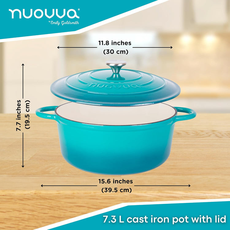 Cast Iron Dutch Oven with Lid – Non-Stick Ovenproof Enamelled Casserole Pot – Sturdy Dutch Oven Cookware – Teal, 7.3-Quart, 30cm – by Nuovva - Nestoria