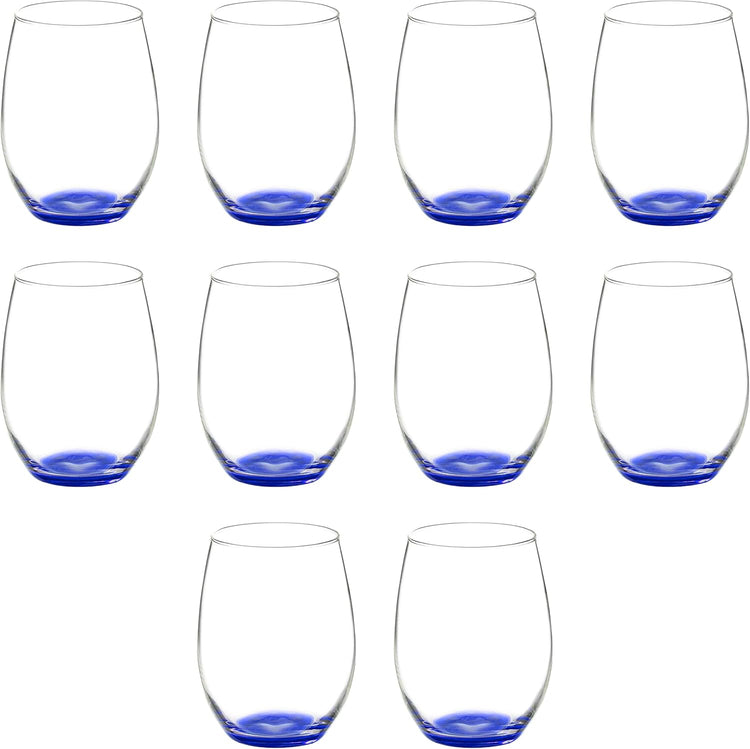 DISCOUNT PROMOS 10 ARC Stemless Wine Glasses Set, 21 oz. - Chardonnay, Cabernet, Merlot, Sauvignon - Blue