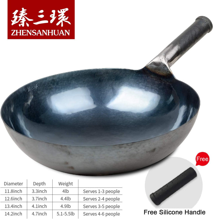 臻三环 ZhenSanHuan Chinese Hand Hammered Iron Woks and Stir Fry Pans, Non-stick, No Coating, Carbon Steel Pow (32CM, Blue Black - Seasoned)