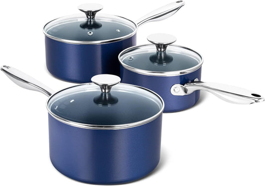 MICHELANGELO Sauce Pan with Lid, Ceramic Saucepan Set, 1.5Qt & 2Qt & 3Qt Sauce Pan Sets, Nonstick Saucepans with Lids, Small Pots with Stainless Steel Handle, Oven Safe, Blue - Nestoria