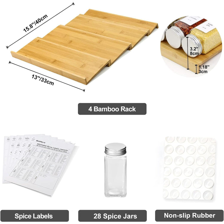 Spice Drawer Organizer with 28 Spice Jars and 216 Labels