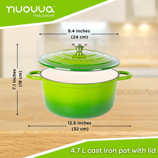 Cast Iron Pot with Lid – Non-Stick Ovenproof Enamelled Casserole Pot, Oven Safe up to 500° F – Sturdy Dutch Oven Cookware – Green, 5-Quart, 24cm – by Nuovva - Nestoria