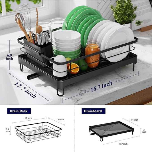 Kitsure Dish Drying Rack for Kitchen Counter, Stainless Steel Sink Organization and Storage Essentials with Cutlery Holder, Home and Appartment Decor, 12.7''W x 16.7''L, Black