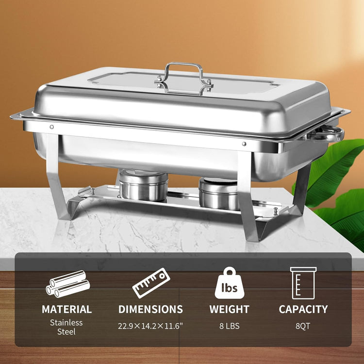 8 Qt 5 Pack Full Size Chafing Dishes Buffet Set, Silver Stainless Steel Rectangular Catering Chafer Warmer Set with Trays Pan Lid Folding Frame Stand for Kitchen Party Banquet Dining
