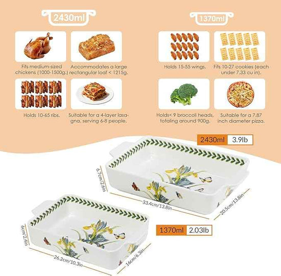 ACMLIFE Ceramic Casserole Dish Set, Ceramic Baking Dish for Oven, Casserole Dish Bakeware Set, Casserole Dishes for Oven, Lasagna Pan, Large Baking Dishes with Handles, Microwave, Dishwasher Safe, Gift Packaging Floral 2 Pcs Set(13"x8"+10.3"x6.3") (Iris)