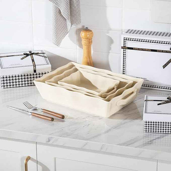 Sweejar Casserole Dishes for Oven, Ceramic Bakeware Set of 3, Rectangular Baking dish with Handles, Wave Edge Lasagna Pan Deep for Cooking, Cake, Dinner, Banquet and Daily Use (Beige)