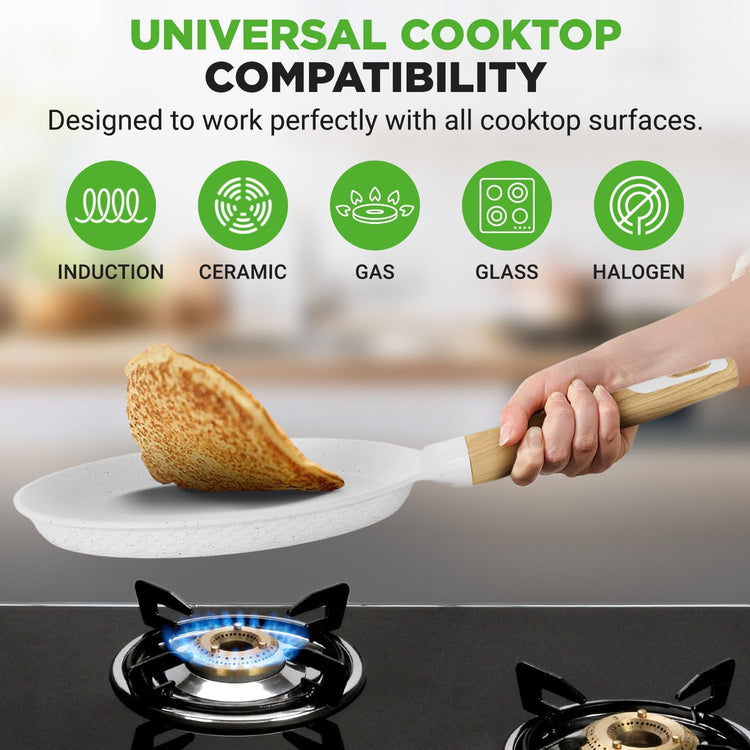 Nutrichef 2-Pack Non-Stick Crepe Pan Set – 11” Marble Coated Dosa Pans with Wooden Spreaders, Bakelite and Wood Handles, Induction-Compatible, Easy-to-Clean, Stain-Resistant, White Cream Marble