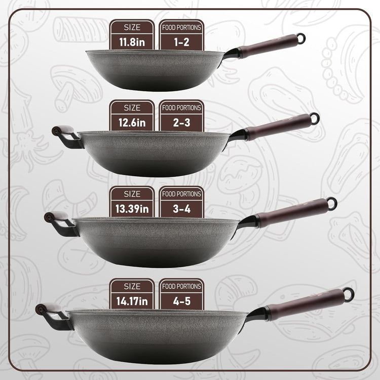 HONGJIANG Cast Iron Wok Pan, 13.4" Pre-Seasoned Flat Bottom Wok,Coating-Free Wok Stir Fry Pan With Glass Lid,Compatible Traditional Chinese Wok For Induction, Electric, Gas,Open Fire