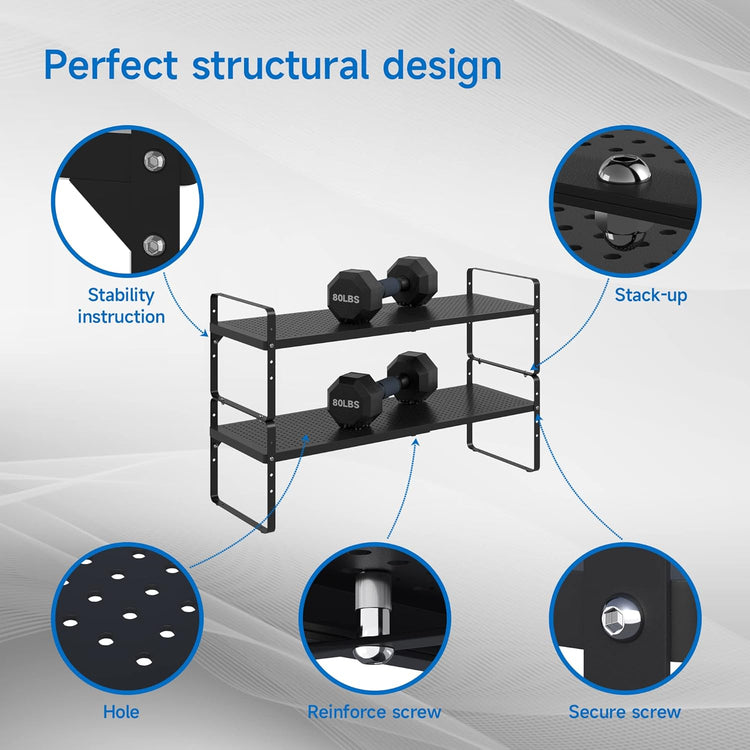 Expandable Cabinet Shelf Organizer Adjustable Metal Spice Rack Stackable Freestanding Counter Storage Shelves for Kitchen Cabinet Under Sink Office Desk (Black - 2Pack - L16.5-27'' * W8'' * H9.6'')