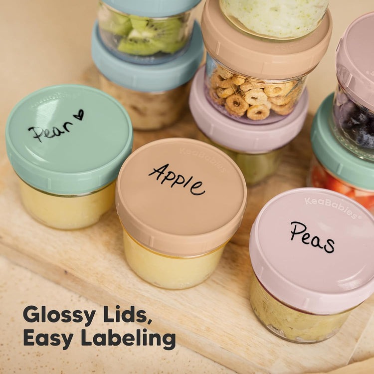 KeaBabies 12pk 4oz Glass Baby Food Containers with Lids - Leak-Proof, Microwavable Small Glass Jars, Baby Purees & Toddler Snack Storage Containers, BPA-Free, Dishwasher & Freezer Safe (Musk Dusk)