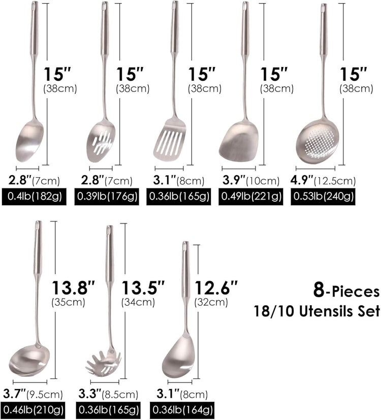 18/10 Stainless Steel Kitchen Utensils Set - 15” All Metal Cooking Tools & Serving Utensils, 8 PCS - Solid Spoon, Slotted Spoon, Spatula, Ladle, Skimmer, Tunner, Spaghetti Spoon, Large Spoon Set