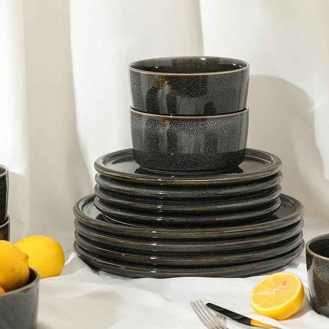 Stone Lain Eden 24-Piece Dinnerware Set Stoneware, Plates and Bowls Set, Dishwasher and Microwave Safe Dish, Dish Set for 8, Charcoal Grey