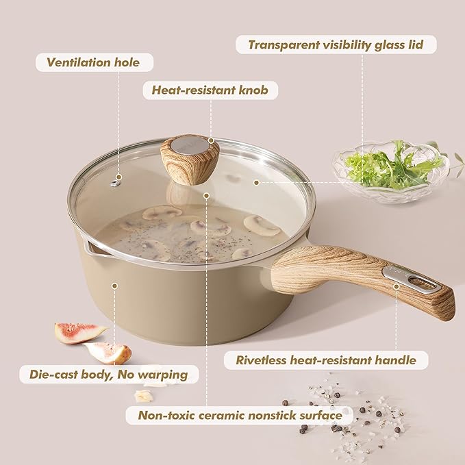 SENSARTE Ceramic Nonstick Sauce Pan with Lid, 2.5 Quart Saucepan with Double Spout, Large Cooking Pot, Non toxic Kitchen Sauce Pot, Non stick Saucier Pan, Induction Cookware, PFOA PTFE PFAS Free