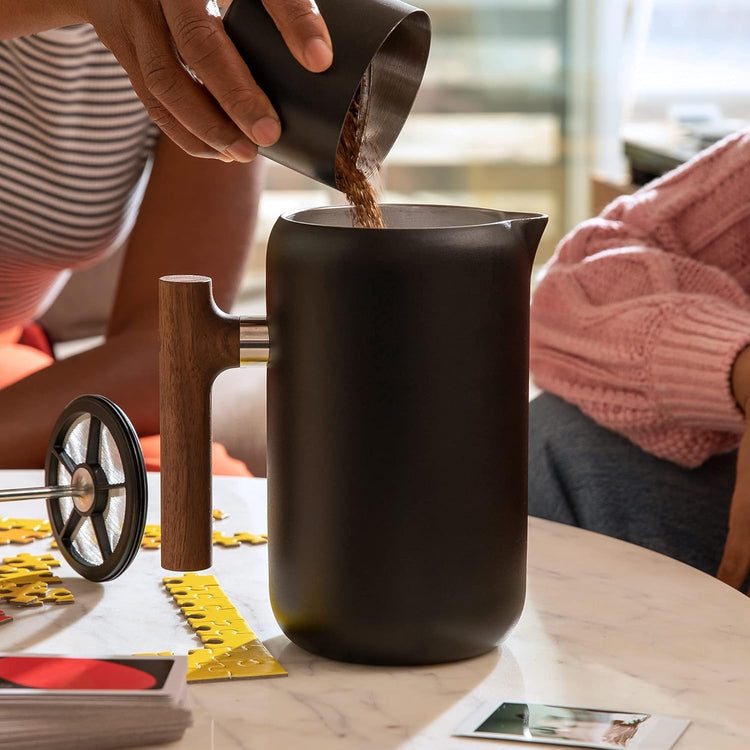 Fellow Clara French Press Coffee Maker - Portable Stainless Steel Coffee Press, Insulated Manual Brewer, Matte Black with Walnut, 24 oz Carafe