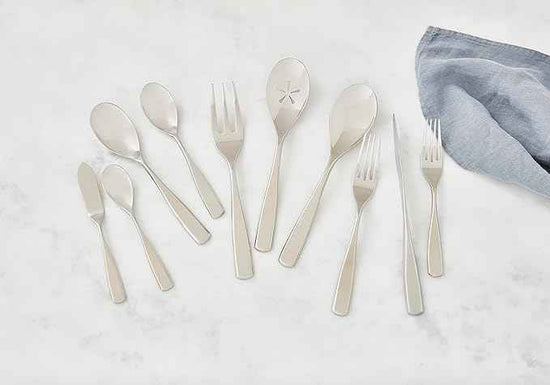 nambe Anna Flatware, 45-Pc Set, 18/10 Mirror Stainless Steel Silverware Cutlery Set, Designed for Home Kitchens, Hotel, or Restaurants, Service for 8 and a 3pc Hostess Utensil Set, Dishwasher Safe