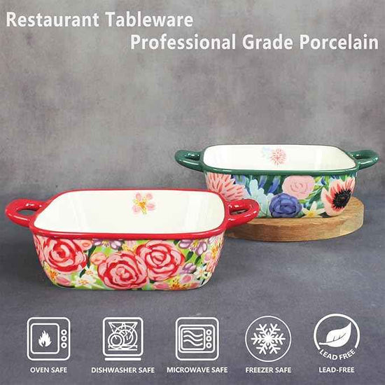 Two-piece square ceramic baking pan set: Hand-painted floral ceramic baking pans with double handles, suitable for baking, cooking, kitchens, restaurants, etc.(Combination 2)