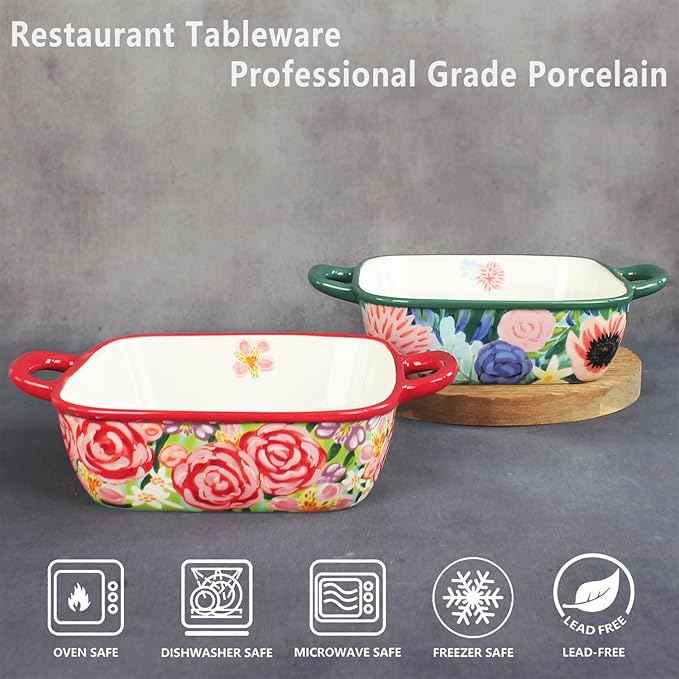 Two-piece square ceramic baking pan set: Hand-painted floral ceramic baking pans with double handles, suitable for baking, cooking, kitchens, restaurants, etc.(Combination 2)
