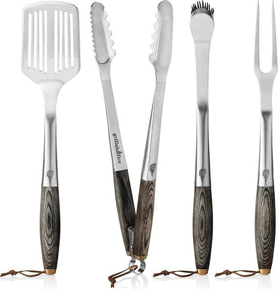 Grillaholics Premium BBQ Grill Tools – The Ultimate Grilling Gift for Dad - Luxury 4-Piece Barbecue Utensils Grill Set with Wooden Gift Box