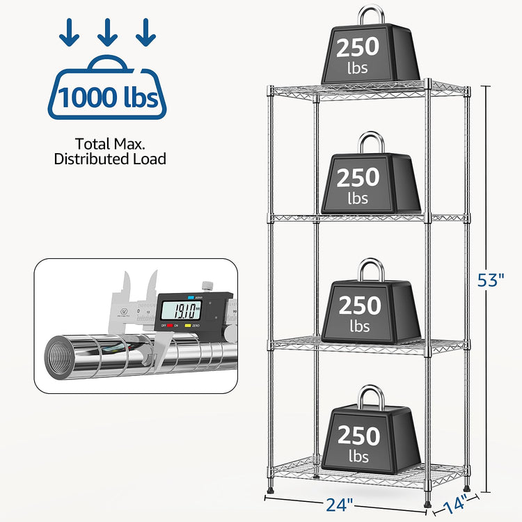 1000 lbs 4Tier Shelf Metal Storage Shelves Wire Rack Closet Organizers with Wheel for Garage Kitchen Bathroom Laundry Chrome 13.7" D x 23.6" W x 53.4" H (4 Count)