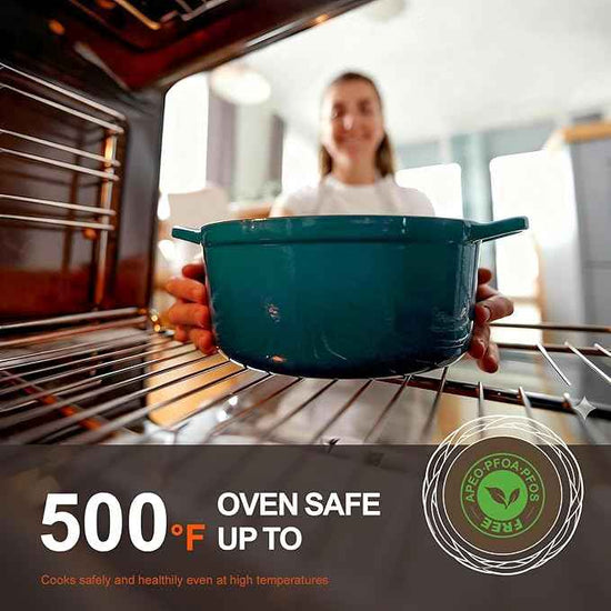 Overmont Enameled Cast Iron Dutch Oven - 5.5QT Pot with Lid Cookbook & Cotton Potholders - Heavy-Duty Cookware for Braising, Stews, Roasting, Bread Baking Bottle green