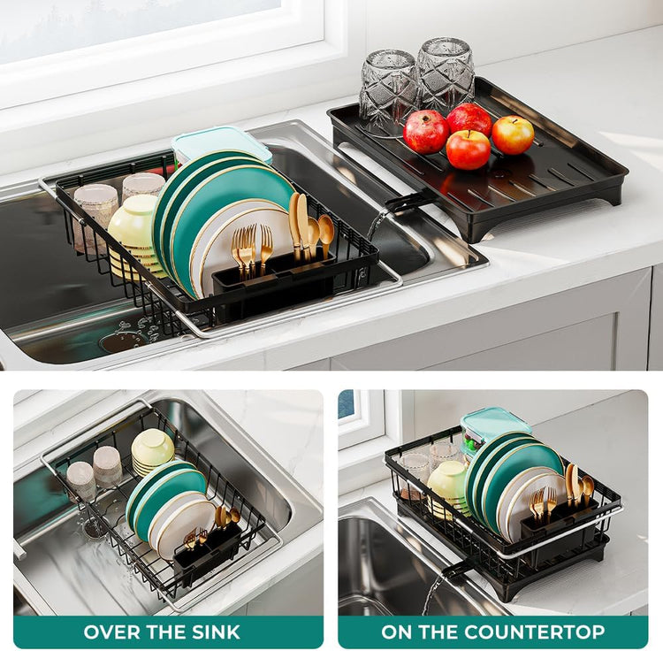 Small Dish Drying Rack in Sink, Expandable Stainless Steel Dish Drainers for Kitchen Counter, with Drain Board & Utensil Holder(Black)