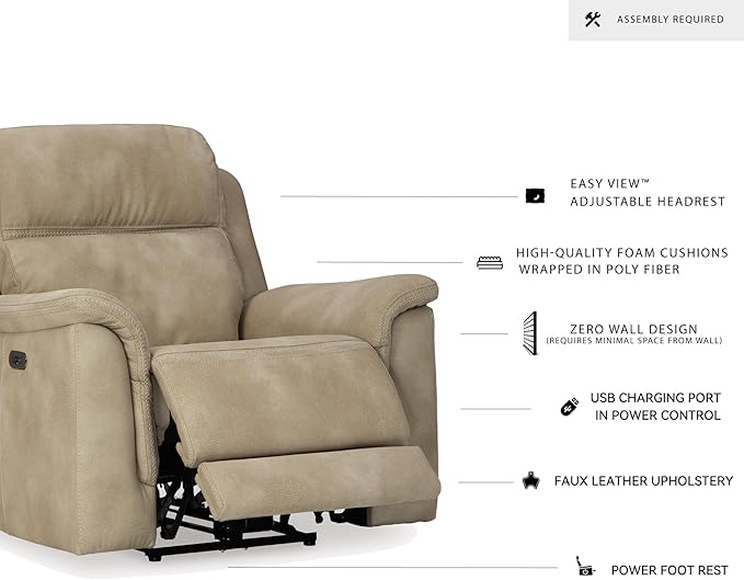 Signature Design by Ashley Next-Gen DuraPella Power Recliner with Adjustable Headrest, Extended Ottoman, USB Charging, Water Repellent Faux Leather, Beige