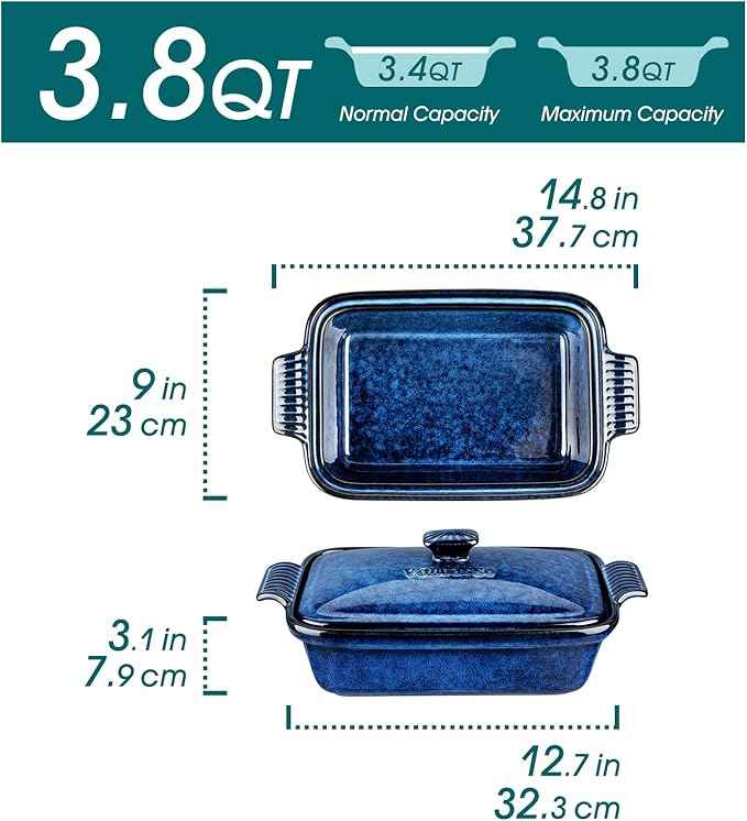 vancasso Starry Casserole Dish With Lid, 3.8 Quart Casserole Dish for Oven, 9x13 Baking Pan with Handles, Large Casserole Baking Dish Lasagna Pan with Lid, Microwave, Dishwasher Safe, Blue