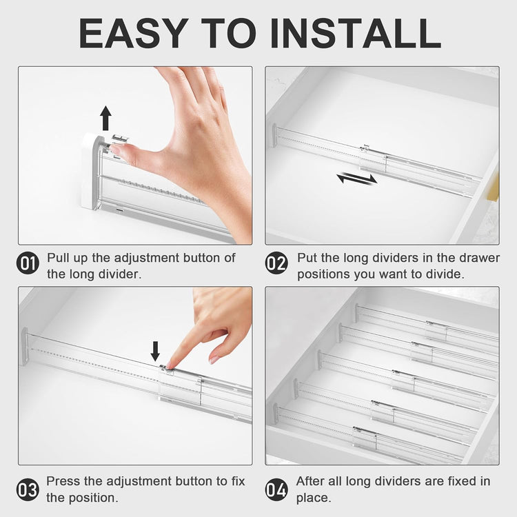 HiYZ Expandable Drawer Dividers - 12.6-22.8'' Adjustable Drawers Organizers for Kitchen Utensils, Drawer Separators in Bedroom, Dresser, Office, Bathroom, Fridge, 12 Pack Long Dividers-Clear