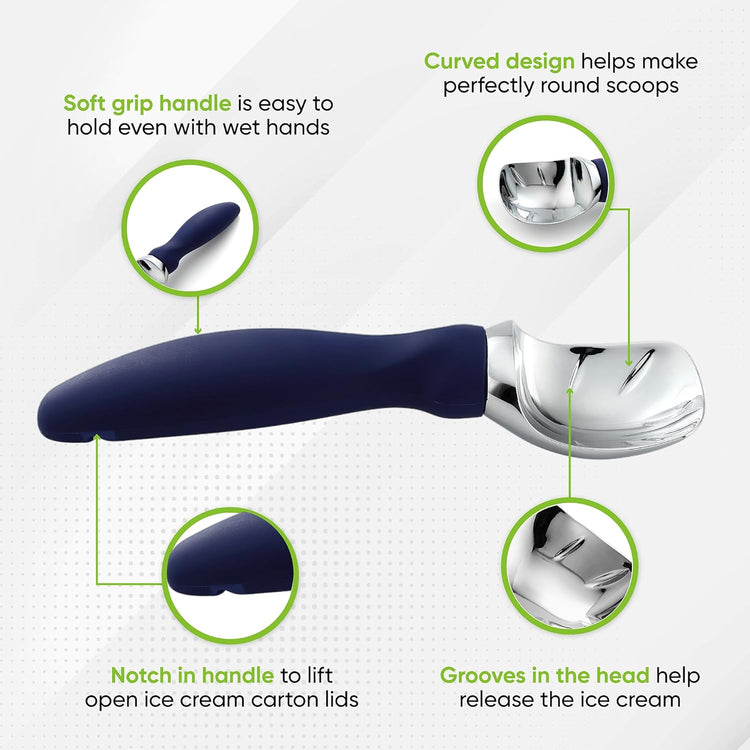 Spring Chef Ice Cream Scoop with Soft Grip Handle, Professional Heavy Duty Sturdy Scooper, Premium Kitchen Tool for Cookie Dough, Gelato, Sorbet, Sapphire