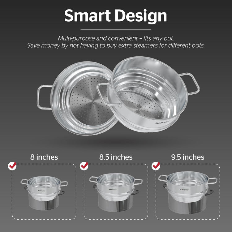 SUNHOUSE 5 Quart Stainless Steel Steamer Insert – Multi-Purpose Soup & Food Steamer with Stay-Cool Handles & Heavy-Duty Glass Lid – Fits Various Pot Sizes (8", 9", 9.5")