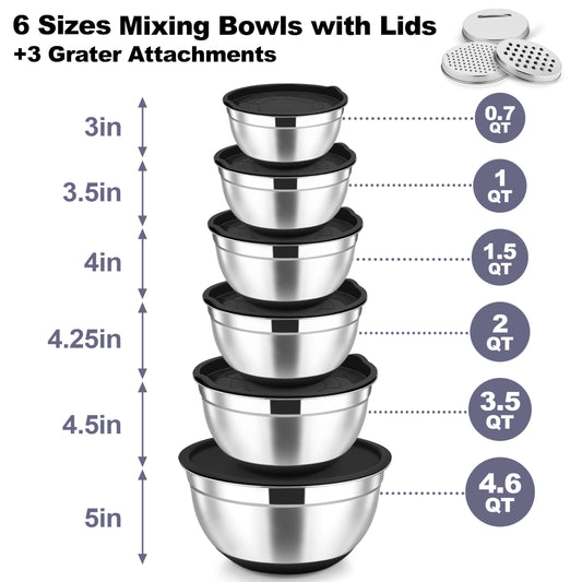 Mixing Bowls Stainless Steel Salad Bowl with Lid & Graters (6 Count)