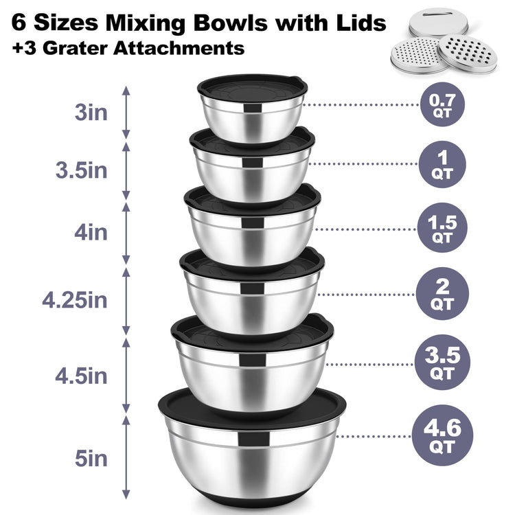 Mixing Bowls Stainless Steel Salad Bowl with Lid & Graters (6 Count)