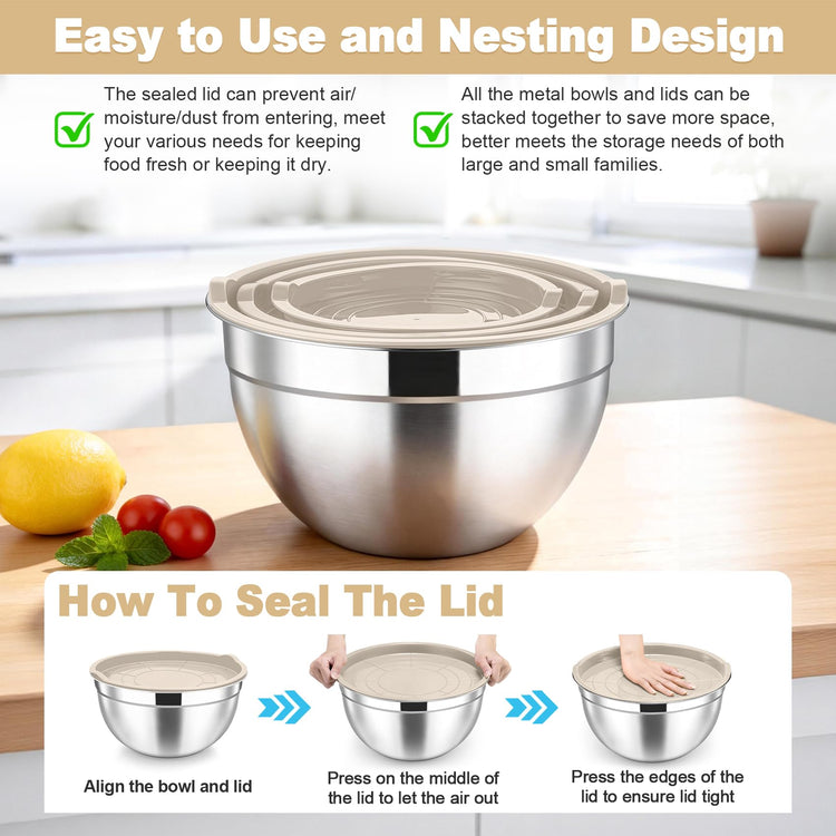 Mixing Bowls Stainless Steel Nesting Salad Bowls & Airtight Lids (3 Count)