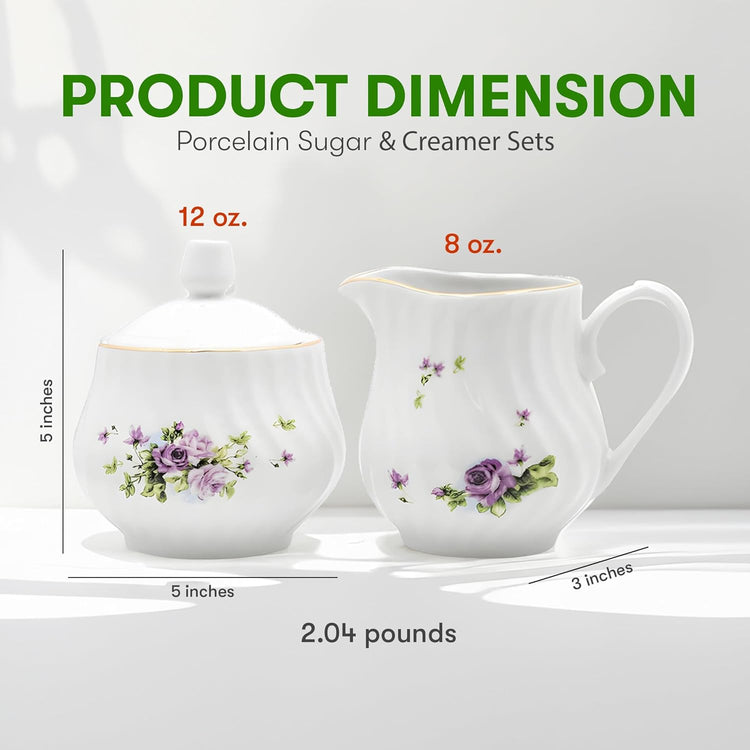 Sugar and Creamer Set - Porcelain Sugar and Creamer Floral Vintage Tea Set with Gold Trims & Embossed Swirls - Exquisite Fine China Tea Set for Parties & Celebrations - Lucinda Set by Lynns