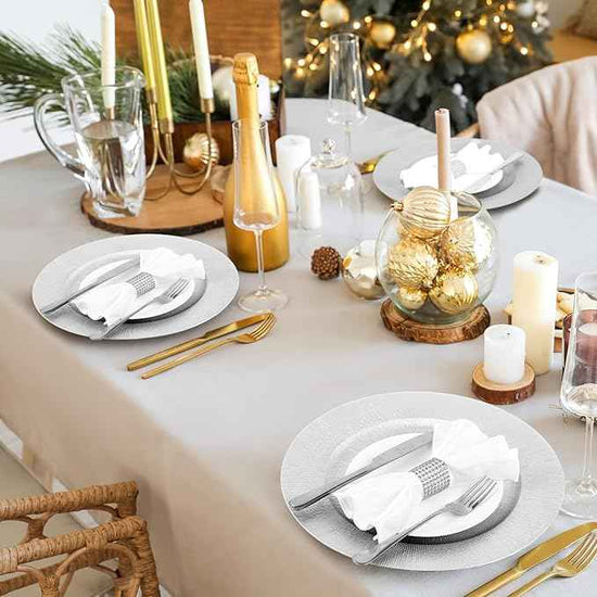 Tanlade 12 Pcs Charger Plates Bulk 13 Inch Plastic Round Wedding Chargers Floral Decorative Plates with Metallic Ruffled Rim for Wedding Party, Holiday Event Supplies(Silver)