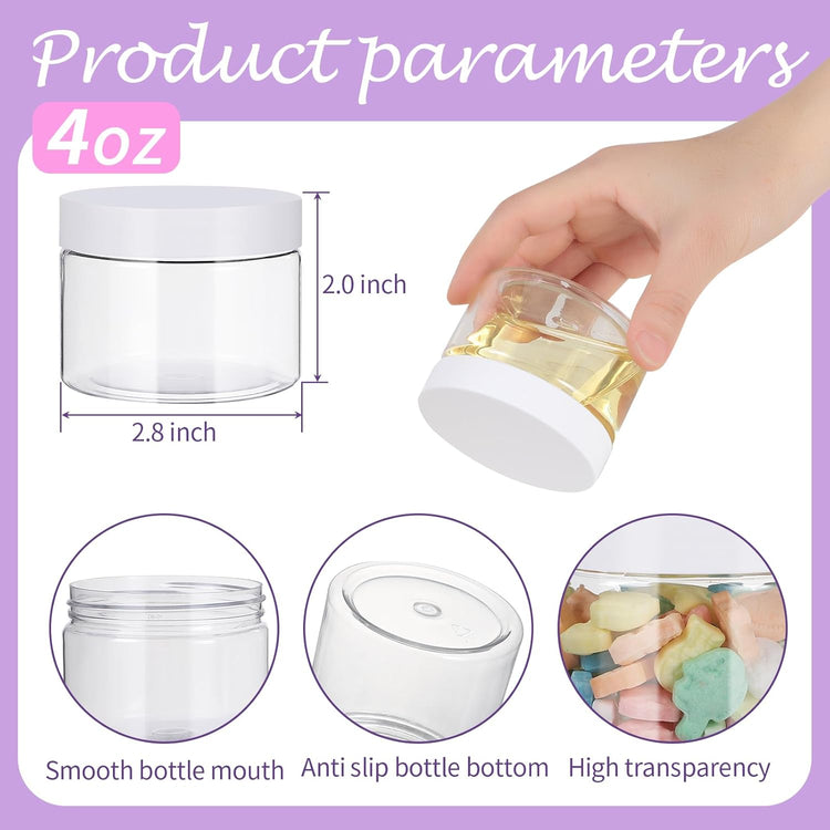 72 PCS 4 OZ Plastic Jars with Screw On Lids,Labels Refillable Empty Round Slime Containers for Storing Dry Food, Honey Jam, Cream, Butter, Lotion, White
