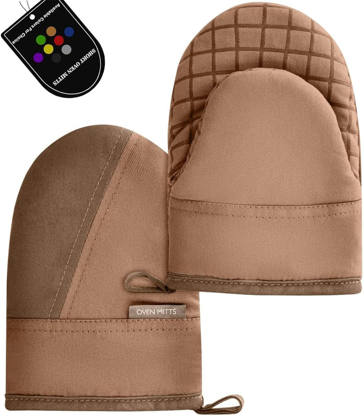 Mini Oven Mitts, Kitchen Oven Gloves Kitchen Mittens 500 Degrees Heat Resistant Baking Gloves, Non-Slip Silicone Surface with Hanging Loops Hot Gloves for Cooking, Baking, BBQ 1 Pair-Brown