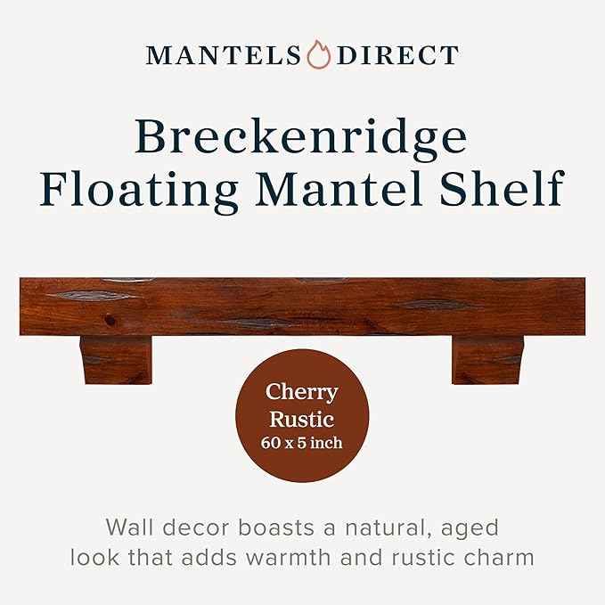 MANTELSDIRECT Breckenridge 60” Fireplace Mantel Shelf with Corbels – Rustic Floating Mantel Shelf for Over Fireplace – Cherry - Wood Shelf for Wall – Pine Box Construction
