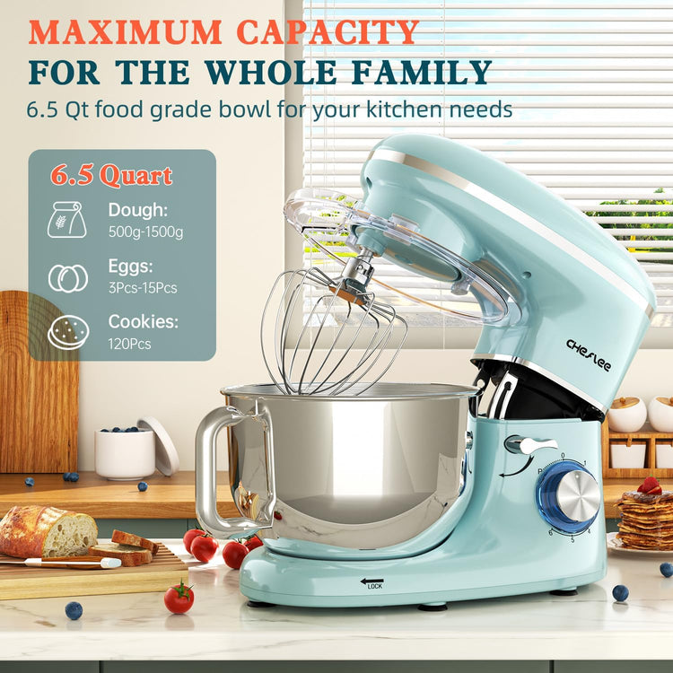 CHeflee Stand Mixer,660W 6+P With 6.5QT Stainless Steel Bowl,Dough Hook, Wire Whip & Beater,for Most Home Cooks,Blue