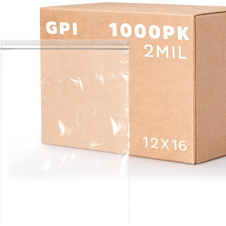 GPI - 12" x 16", Case of 1000, Clear Plastic Reclosable XL Zip Bags, 2 Mil Thick, Zip Poly Bags with Resealable Lock Seal Zipper For Food, Apparel, Shirts, Household, School & Office Supplies