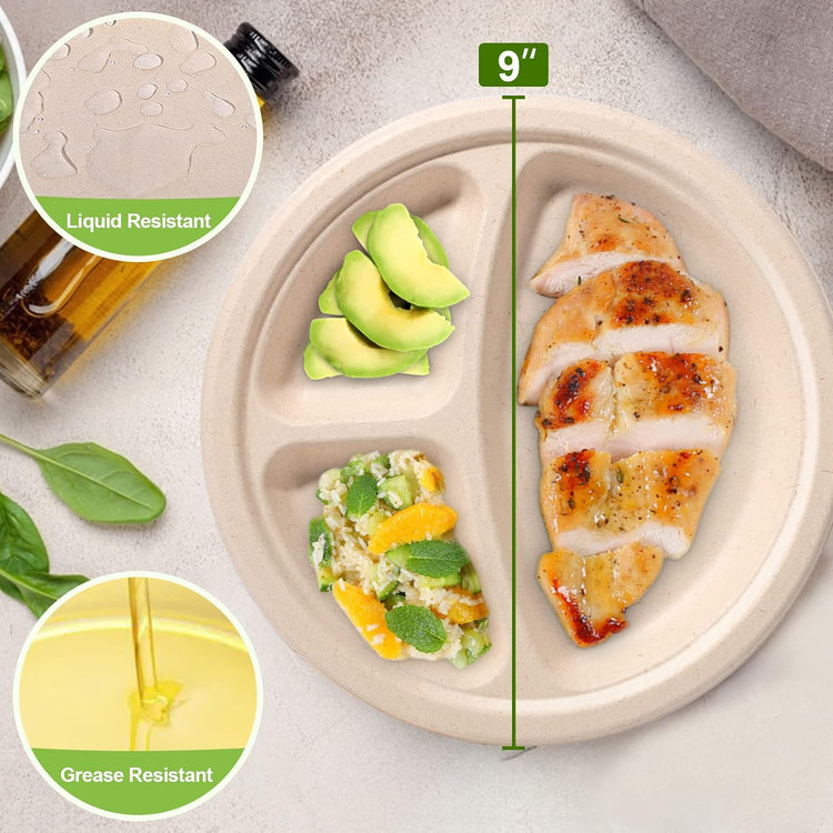 9 inch 3 Compartment Paper Plates - 50 Pack, Heavy Duty, Divided, Compostable