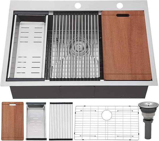 VCCUCINE 33x22 Inch Drop In Kitchen Sink,Overmount Stainless Steel Single Bowl Workstation Laundry Sink Top mount 2 Hole Farmhouse Kitchen with Cutting Board & Accessories
