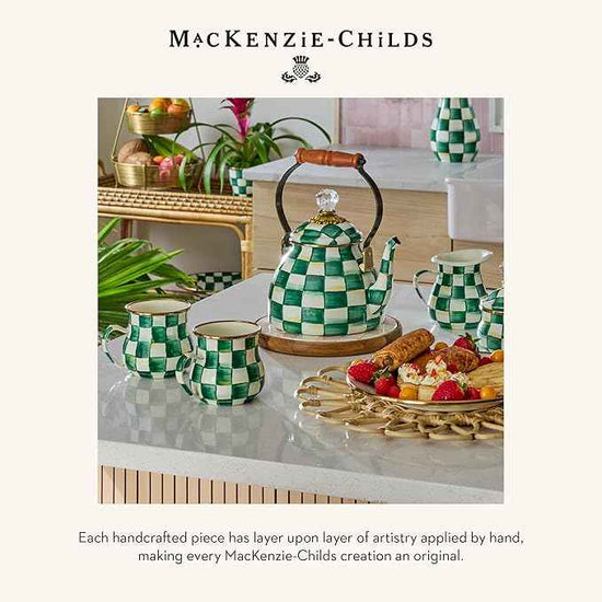 MACKENZIE-CHILDS Enamel Compote, Cute Enamel Pedestal Serving Dish or Decorative Bowl, Large, Green-and-White Emerald Check