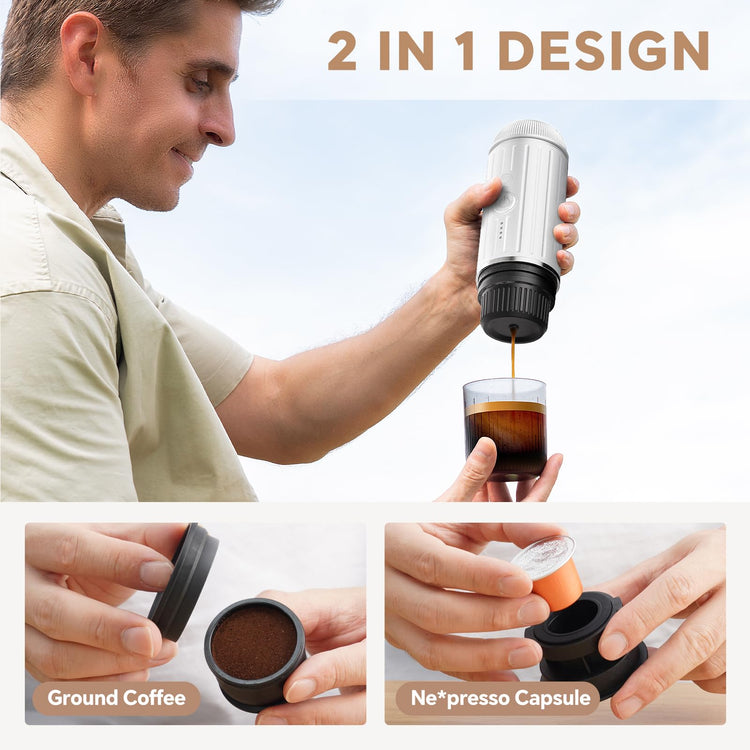 2-in-1 Portable Espresso Maker For Nespresso Pod＆Ground,White (2.09 Ounce)