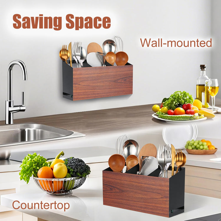 Utensil Holder Large Iron Flatware Container with 3 Compartments Countertop Wall
