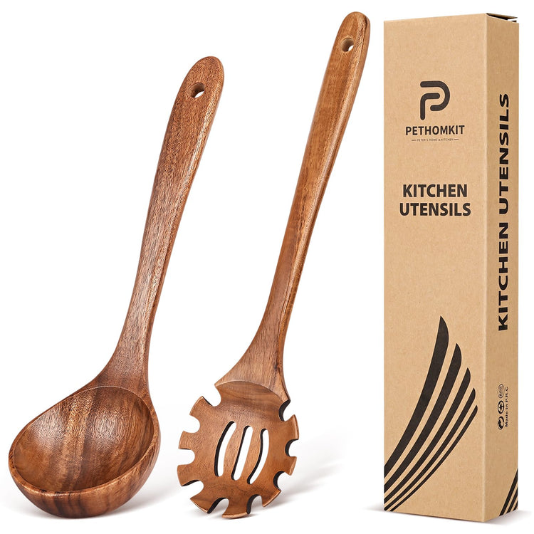 Wooden Soup Ladle Spoon & Spaghetti Pasta Spoons Utensil Set of 2 (2 Count)