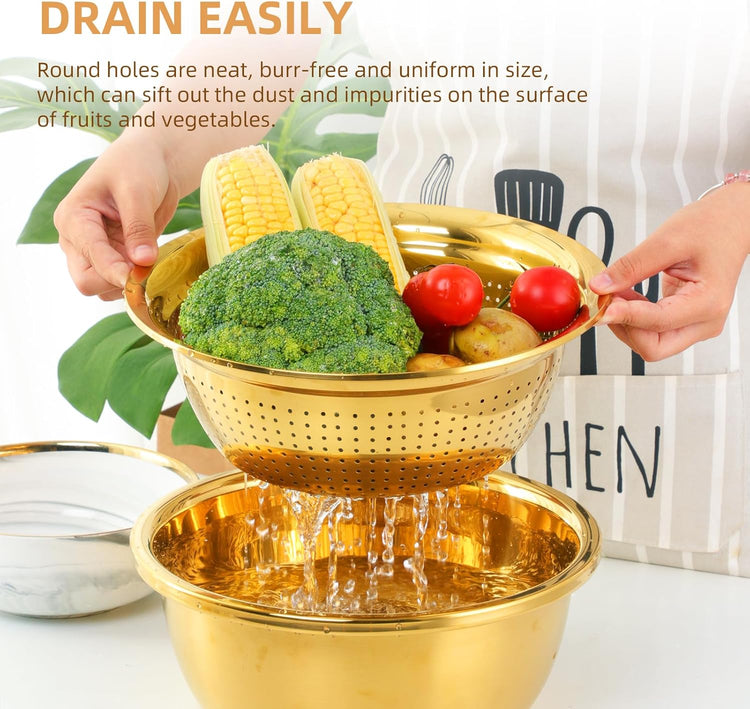 Meisha Colander, 3Pcs Stainless Steel Kitchen Tool 3 in 1 Drain Basket Fruit and Vegetable Cutter Strainer Bowl Set Drain Pot Basket Grater for Fruits Vegetables Rice Washing Mixing - Gold