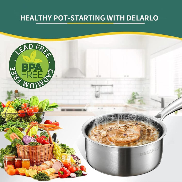 DELALRO Full Clad Tri-Ply Stainless Steel Sauce Pan 2.5QT, All Stove Safe 600℉(Lids 300℉), Medium Sauce Pan with Lid, Non Stick Sauce Pan, Fast & Even Heat, Steel Pot with Lid, Energy Saving,2-1/2 QT
