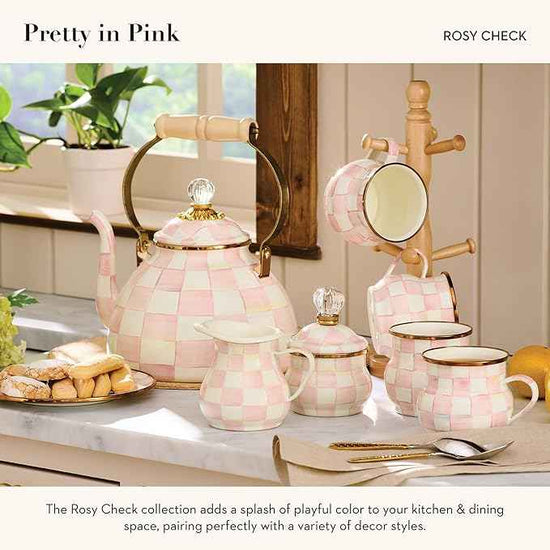 MACKENZIE-CHILDS Enamel Creamer and Sugar-Bowl Set, Cream Dispenser and Sugar Holder, Unique Kitchen Decor, Pink-and-White Rosy Check