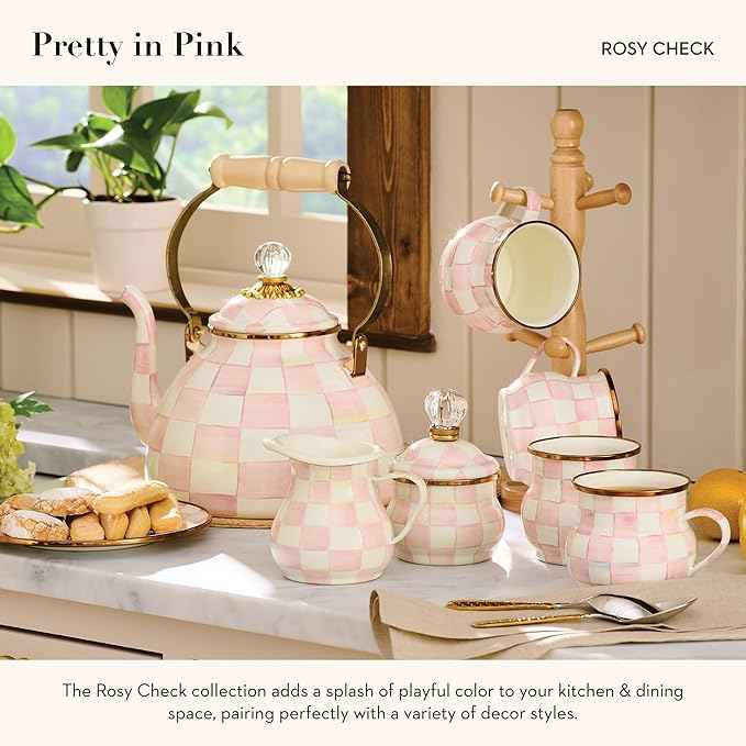 MACKENZIE-CHILDS Enamel Creamer and Sugar-Bowl Set, Cream Dispenser and Sugar Holder, Unique Kitchen Decor, Pink-and-White Rosy Check